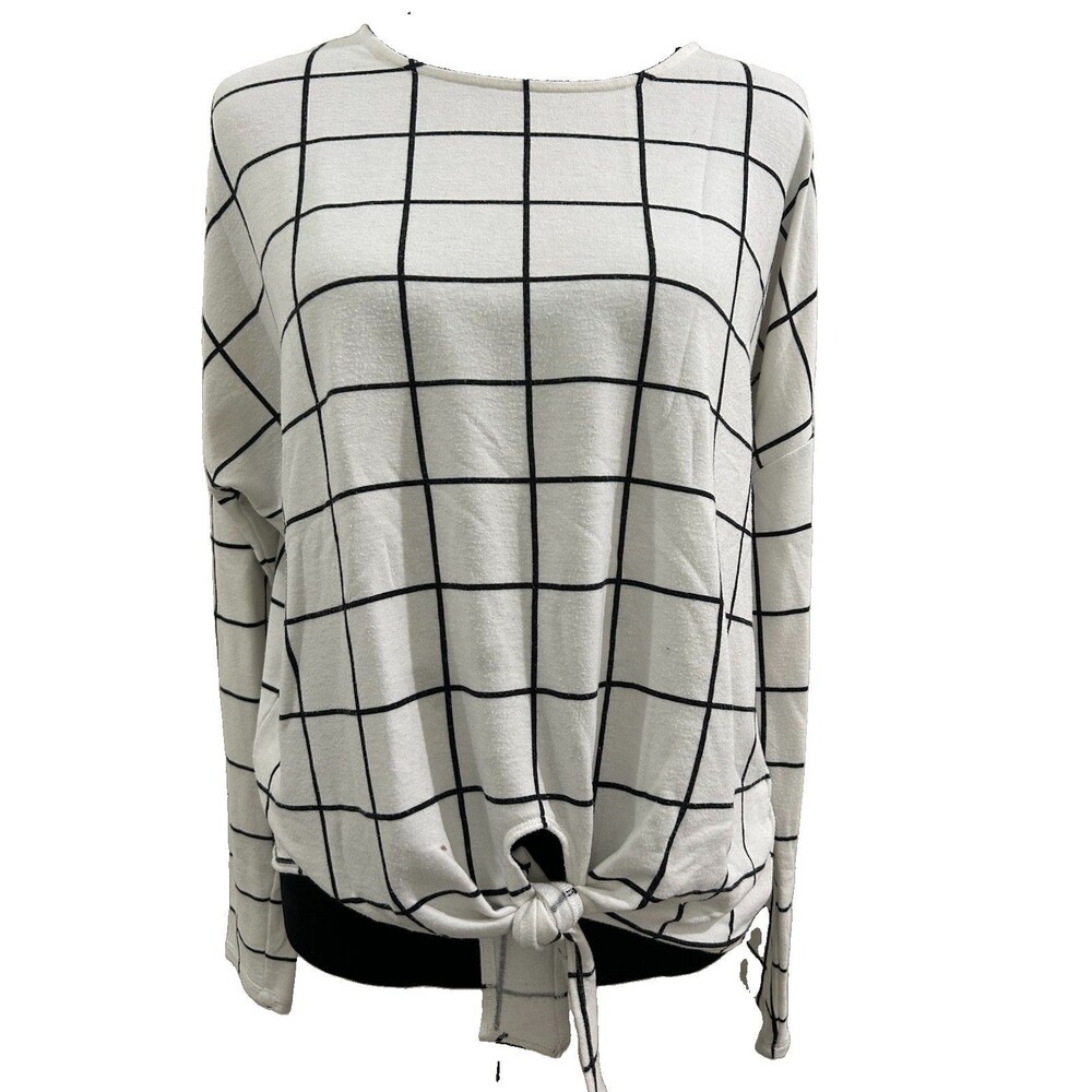 J.Crew Womens Sz L  Top  White With Black Grid 3/4 Sleeve Round Neck Tie Bottom